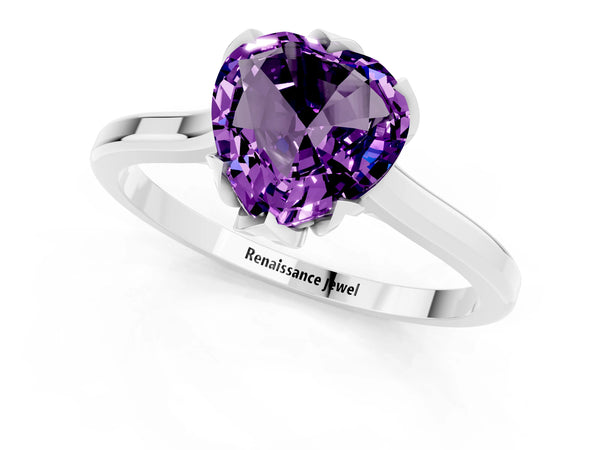 White gold Heart Cut Amethyst Solitaire Ring with Flower Prong Setting and Classic Band