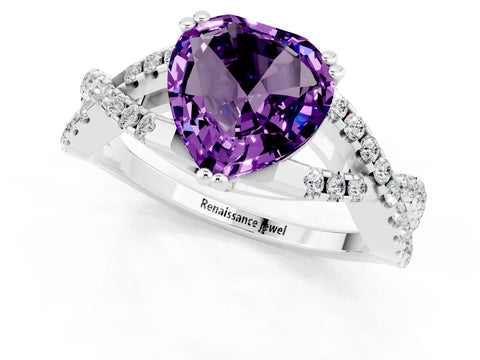 White gold Heart Cut Amethyst Solitaire Ring with Four-Prong Setting and Twisted Pavé Band_1