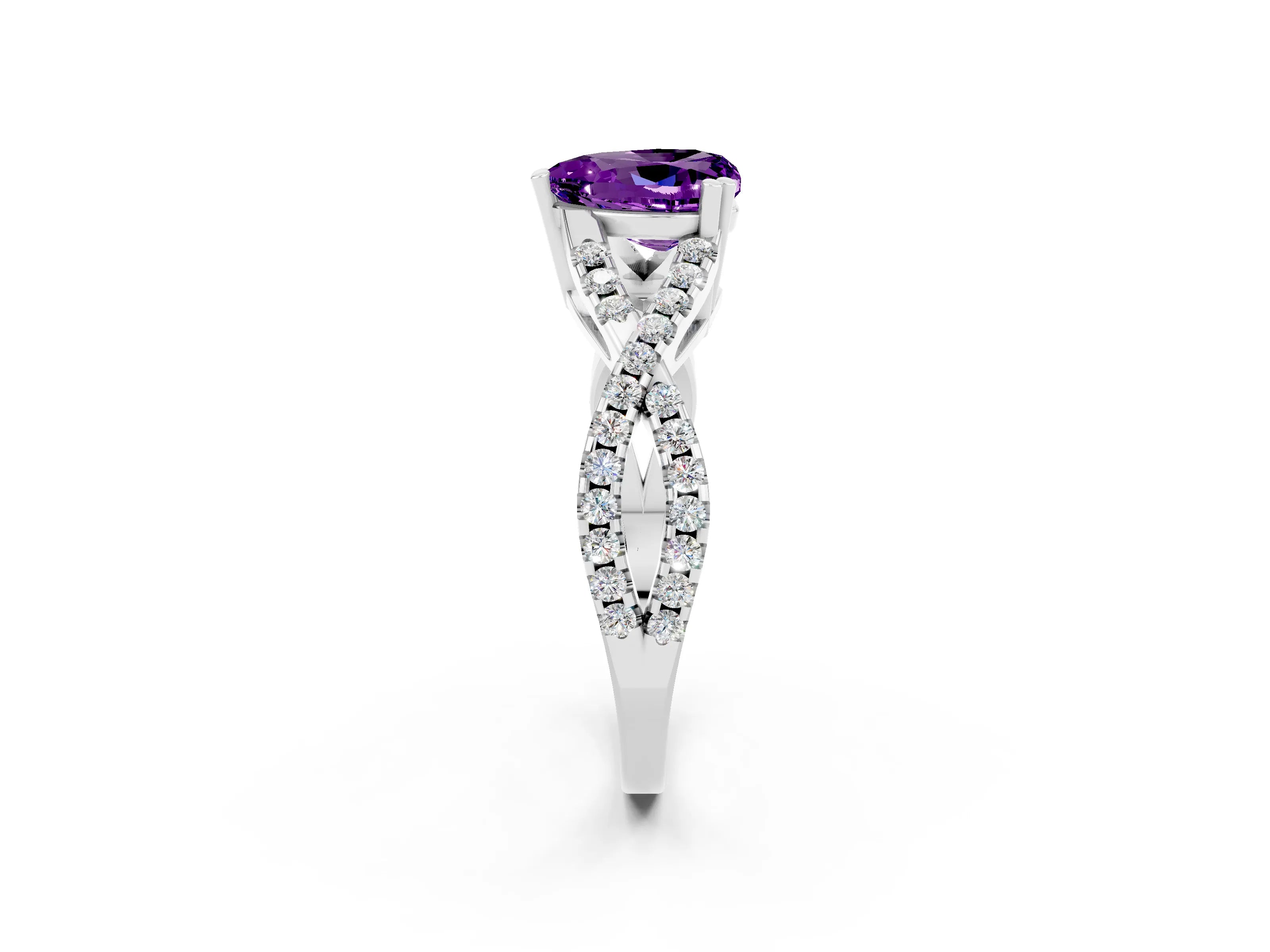 White gold Heart Cut Amethyst Solitaire Ring with Four-Prong Setting and Twisted Pavé Band_2