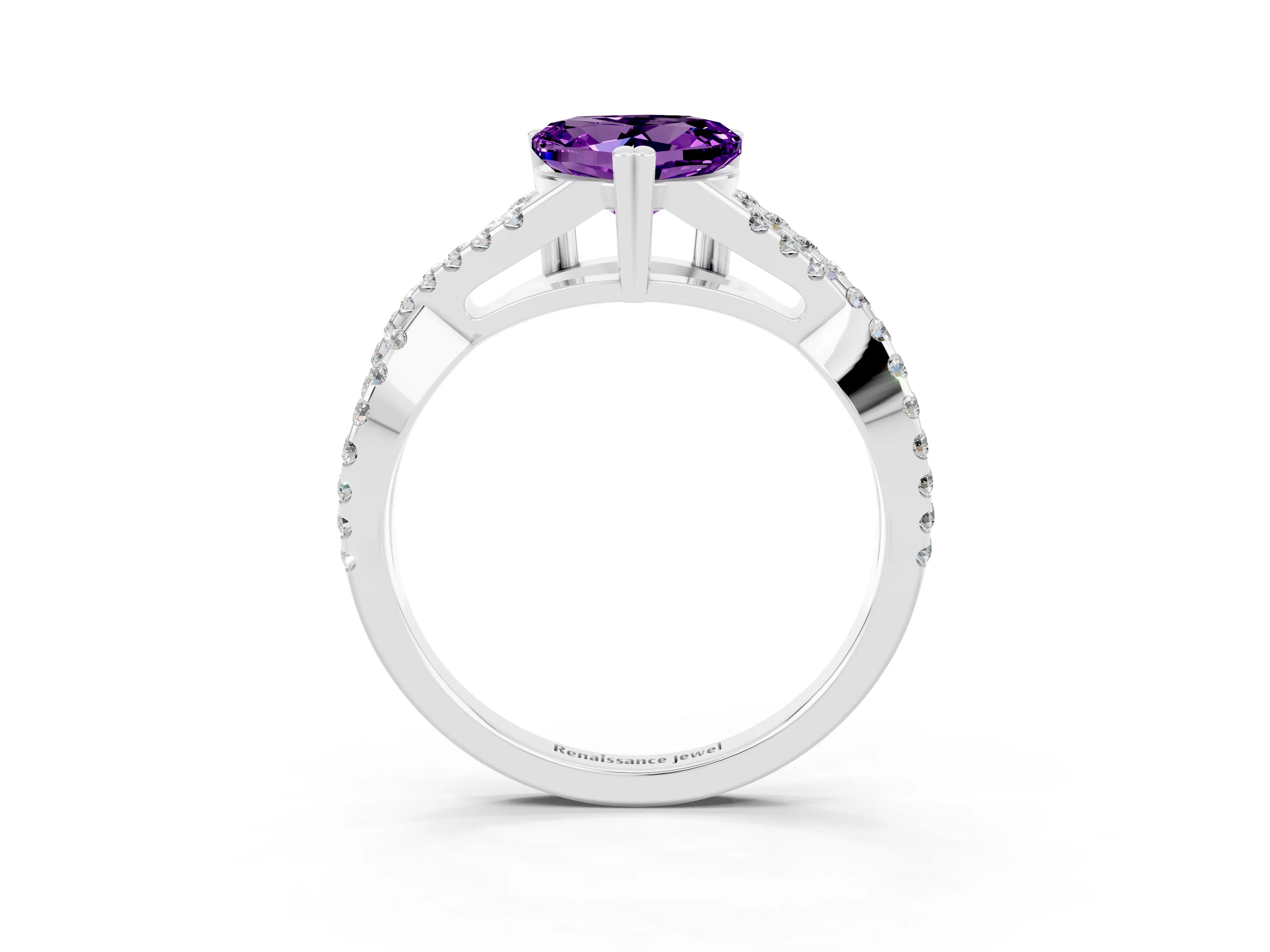 White gold Heart Cut Amethyst Solitaire Ring with Four-Prong Setting and Twisted Pavé Band_3