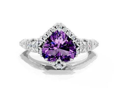 White gold Heart Cut Amethyst Solitaire Ring with Hidden Halo and Pavé Band_12