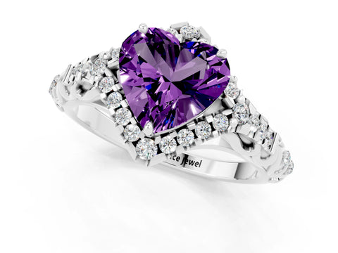 White gold Heart Cut Amethyst Solitaire Ring with Hidden Halo and Pavé Band_13
