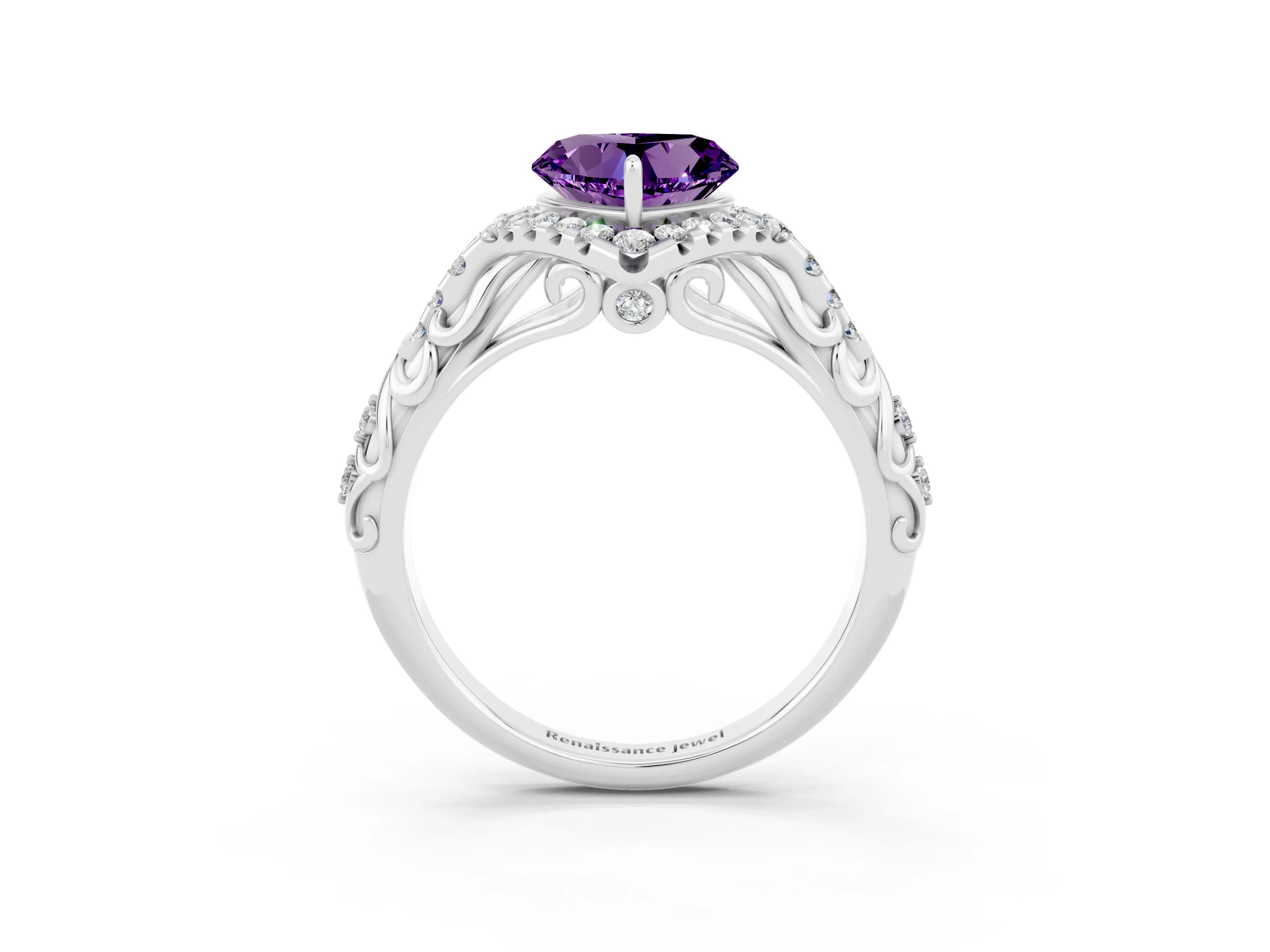 White gold Heart Cut Amethyst Solitaire Ring with Hidden Halo and Pavé Band_15