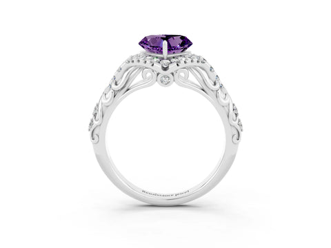 White gold Heart Cut Amethyst Solitaire Ring with Hidden Halo and Pavé Band_15