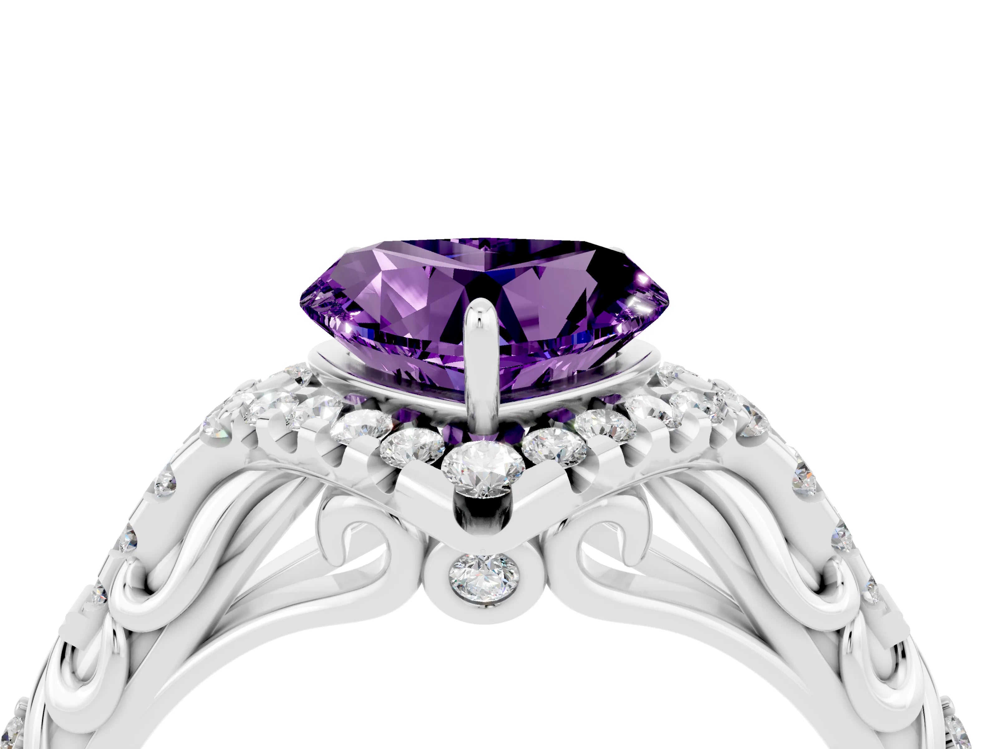 White gold Heart Cut Amethyst Solitaire Ring with Hidden Halo and Pavé Band_16