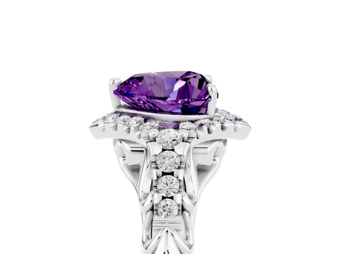 White gold Heart Cut Amethyst Solitaire Ring with Hidden Halo and Pavé Band_17