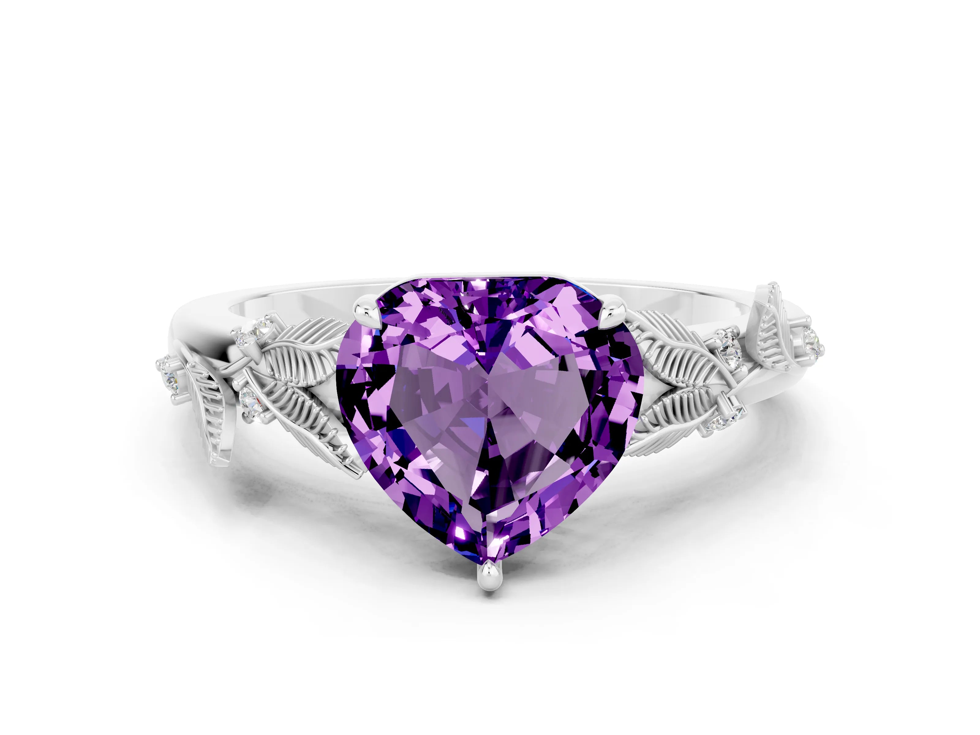 White gold Heart Cut Amethyst Solitaire Ring with Leaf Motif Band and Four-Prong Setting_12