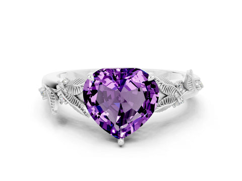 White gold Heart Cut Amethyst Solitaire Ring with Leaf Motif Band and Four-Prong Setting_12