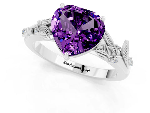 White gold Heart Cut Amethyst Solitaire Ring with Leaf Motif Band and Four-Prong Setting_13