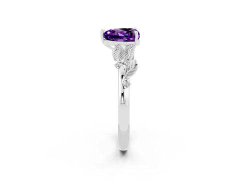 White gold Heart Cut Amethyst Solitaire Ring with Leaf Motif Band and Four-Prong Setting_14
