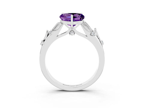 White gold Heart Cut Amethyst Solitaire Ring with Leaf Motif Band and Four-Prong Setting_15