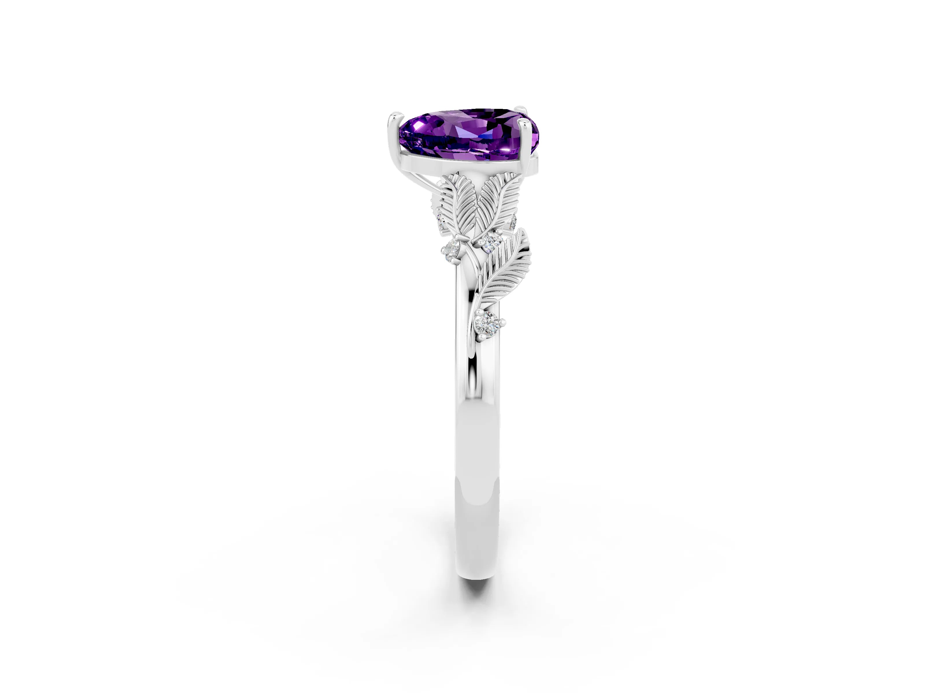 White gold Heart Cut Amethyst Solitaire Ring with Leaf Motif Band and Four-Prong Setting_2