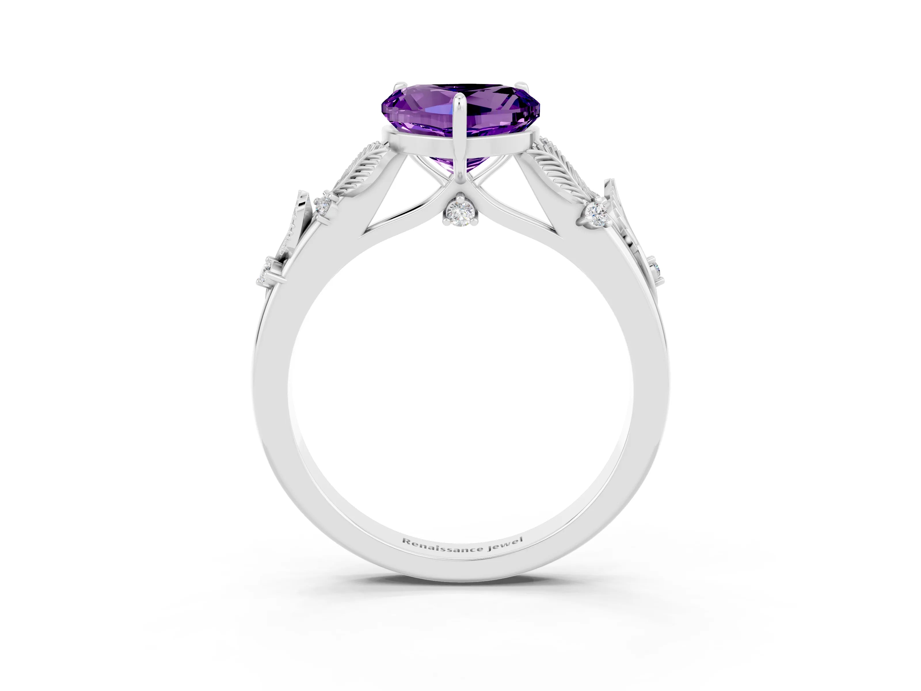 White gold Heart Cut Amethyst Solitaire Ring with Leaf Motif Band and Four-Prong Setting_3