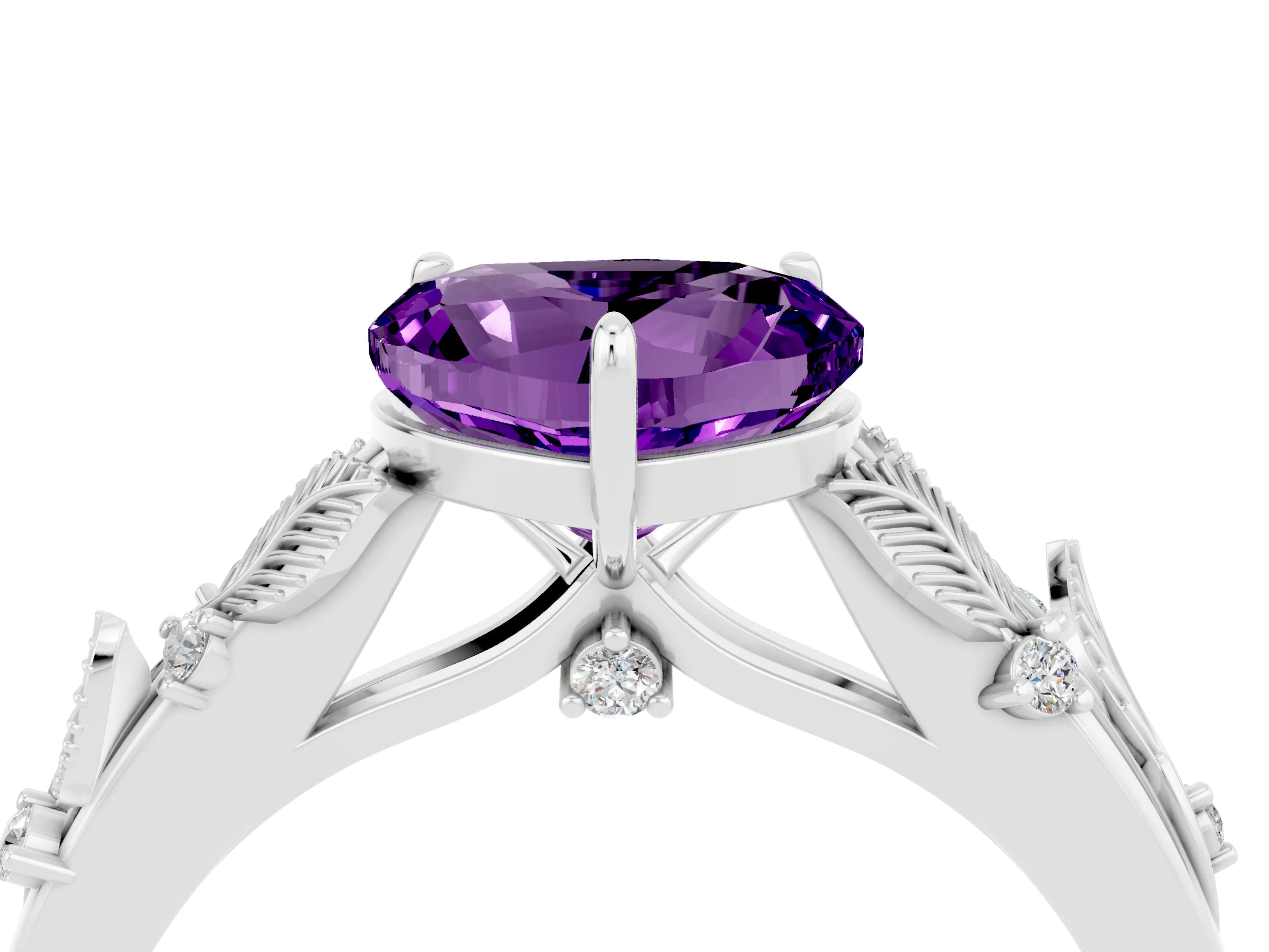 White gold Heart Cut Amethyst Solitaire Ring with Leaf Motif Band and Four-Prong Setting_4