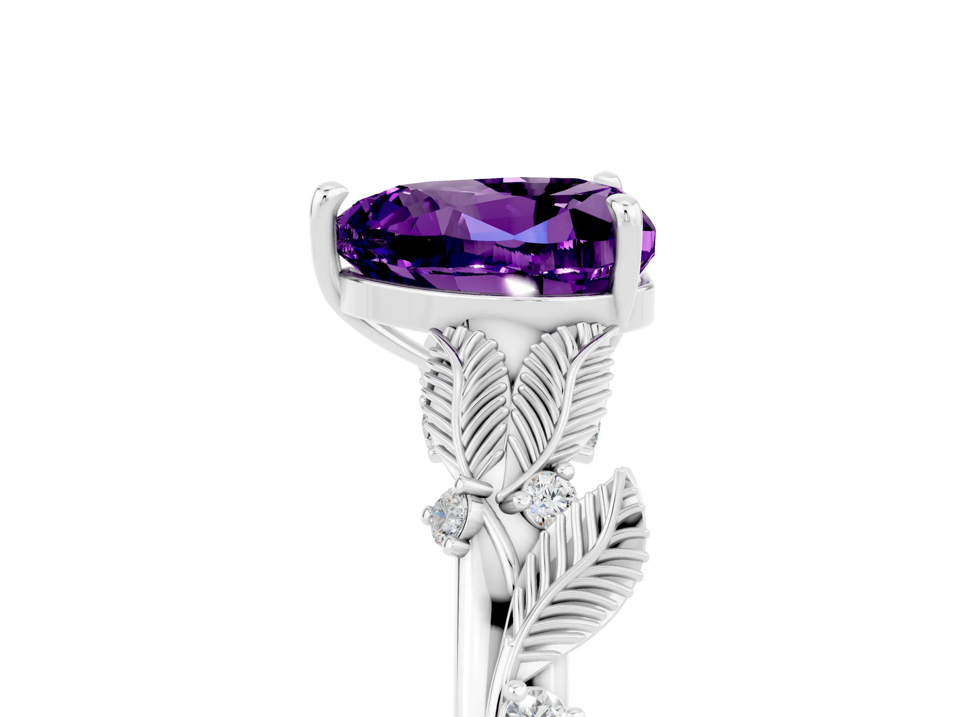 White gold Heart Cut Amethyst Solitaire Ring with Leaf Motif Band and Four-Prong Setting_5