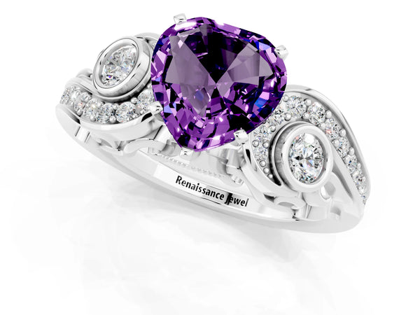 Platinum Heart Cut Amethyst Solitaire Ring with Milgrain Pavé Band and Four-Prong Setting