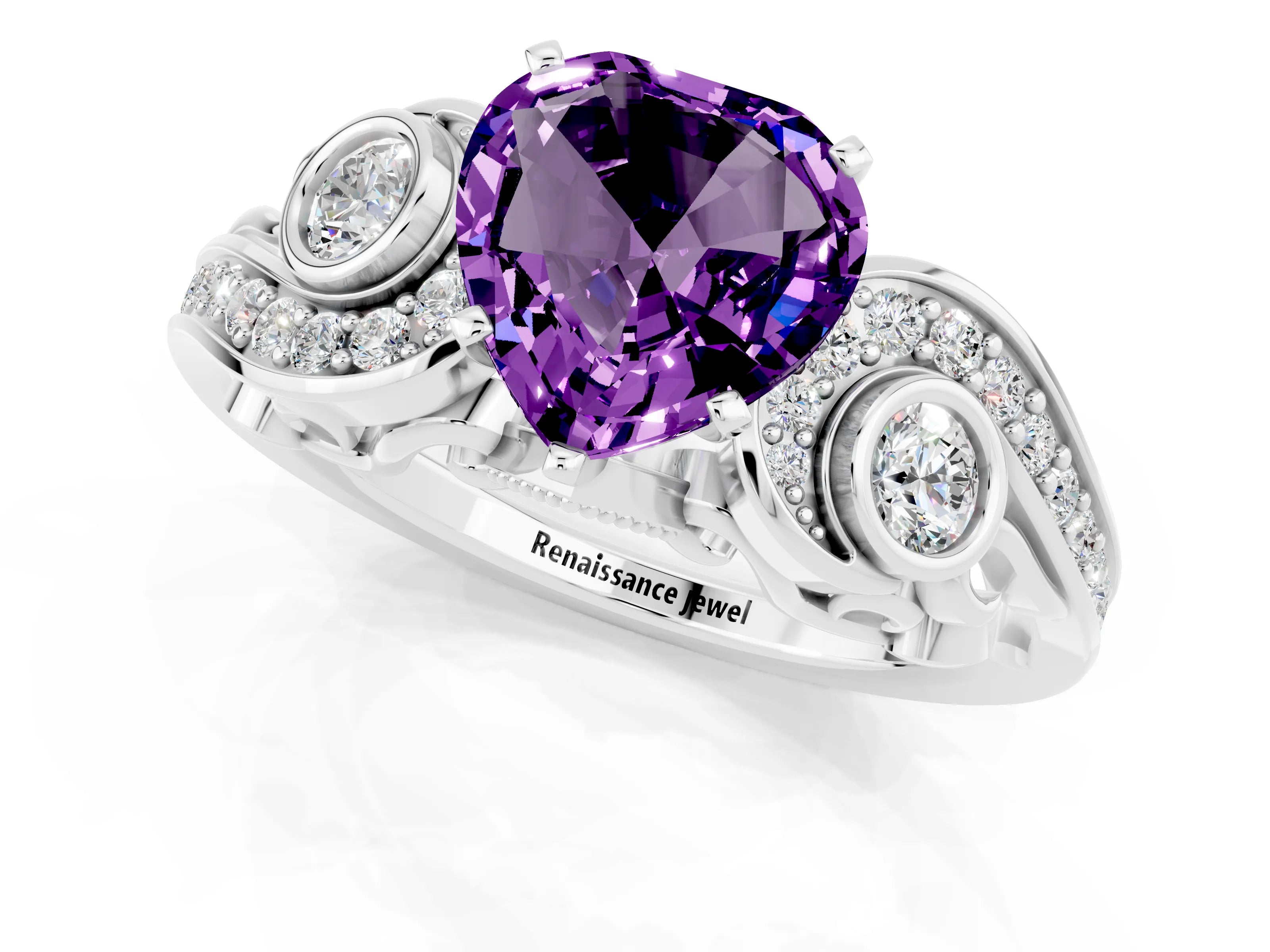 White gold Heart Cut Amethyst Solitaire Ring with Milgrain Pavé Band and Four-Prong Setting_13