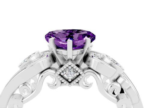 White gold Heart Cut Amethyst Solitaire Ring with Milgrain Pavé Band and Four-Prong Setting_16