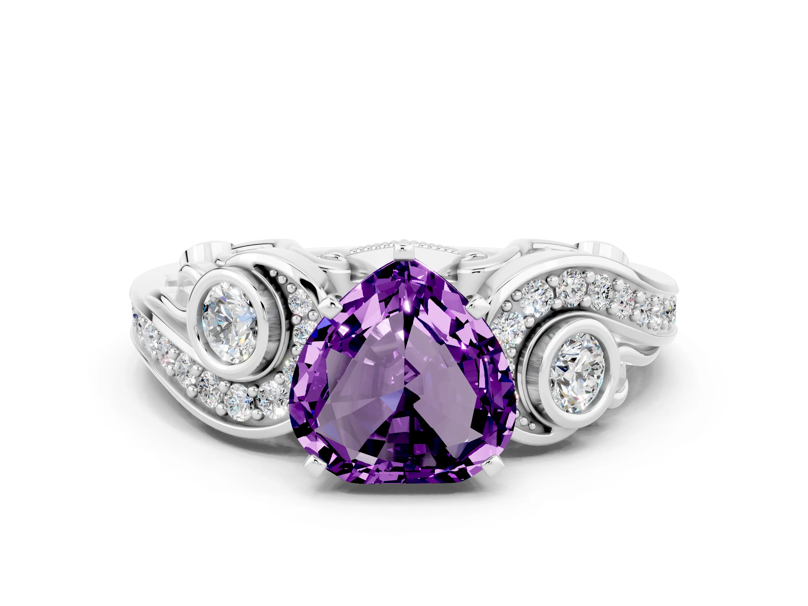 White gold Heart Cut Amethyst Solitaire Ring with Milgrain Pavé Band and Four-Prong Setting_48
