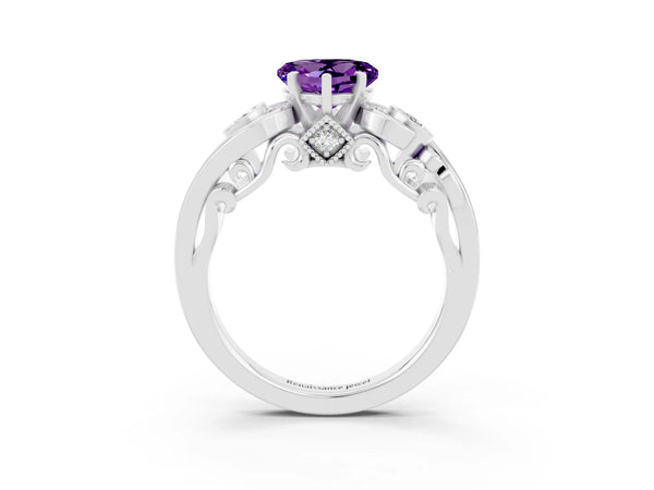 White gold Heart Cut Amethyst Solitaire Ring with Milgrain Pavé Band and Four-Prong Setting