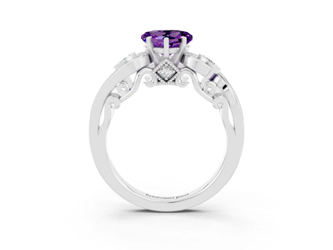 White gold Heart Cut Amethyst Solitaire Ring with Milgrain Pavé Band and Four-Prong Setting_51