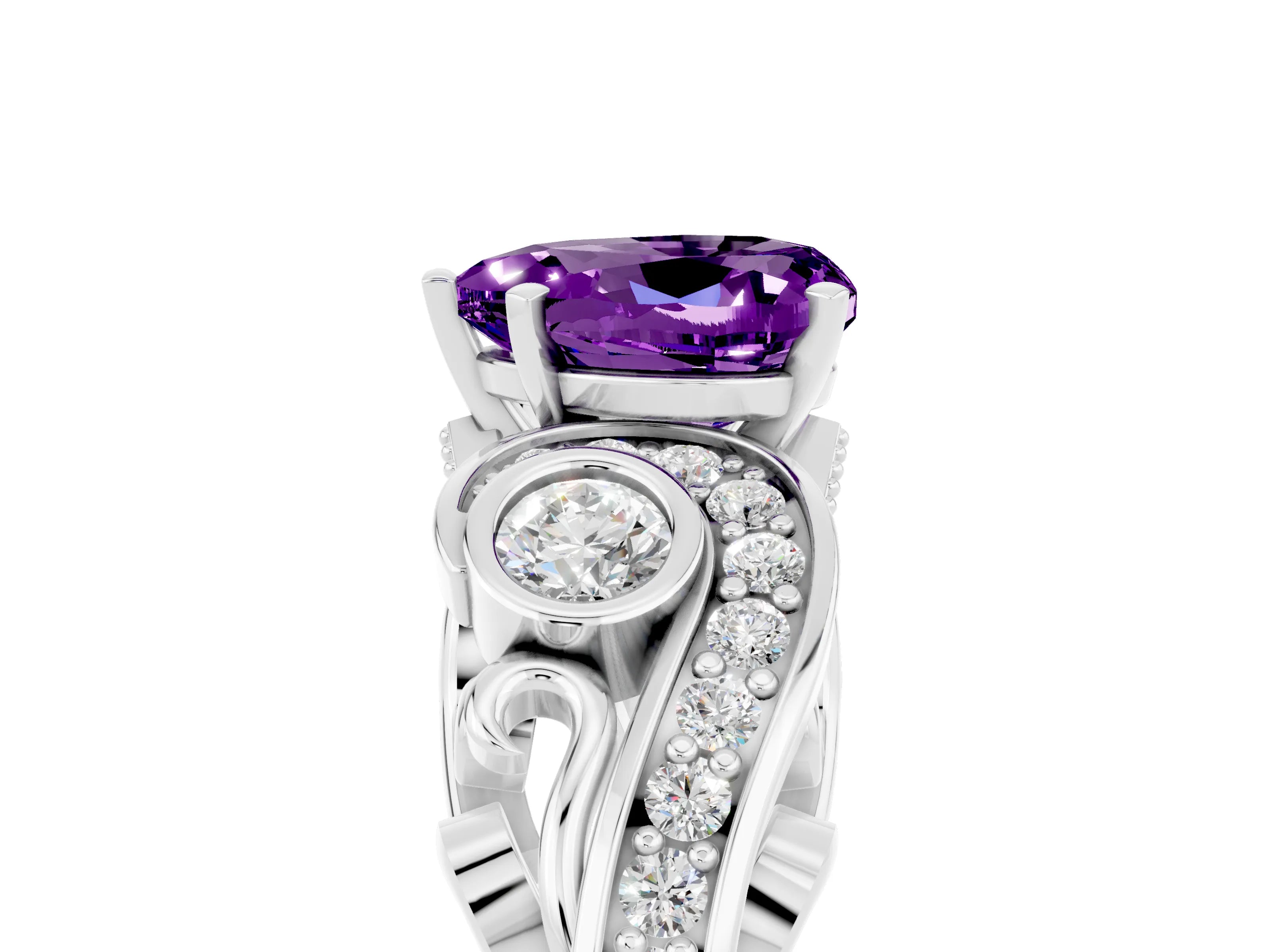 White gold Heart Cut Amethyst Solitaire Ring with Milgrain Pavé Band and Four-Prong Setting_53