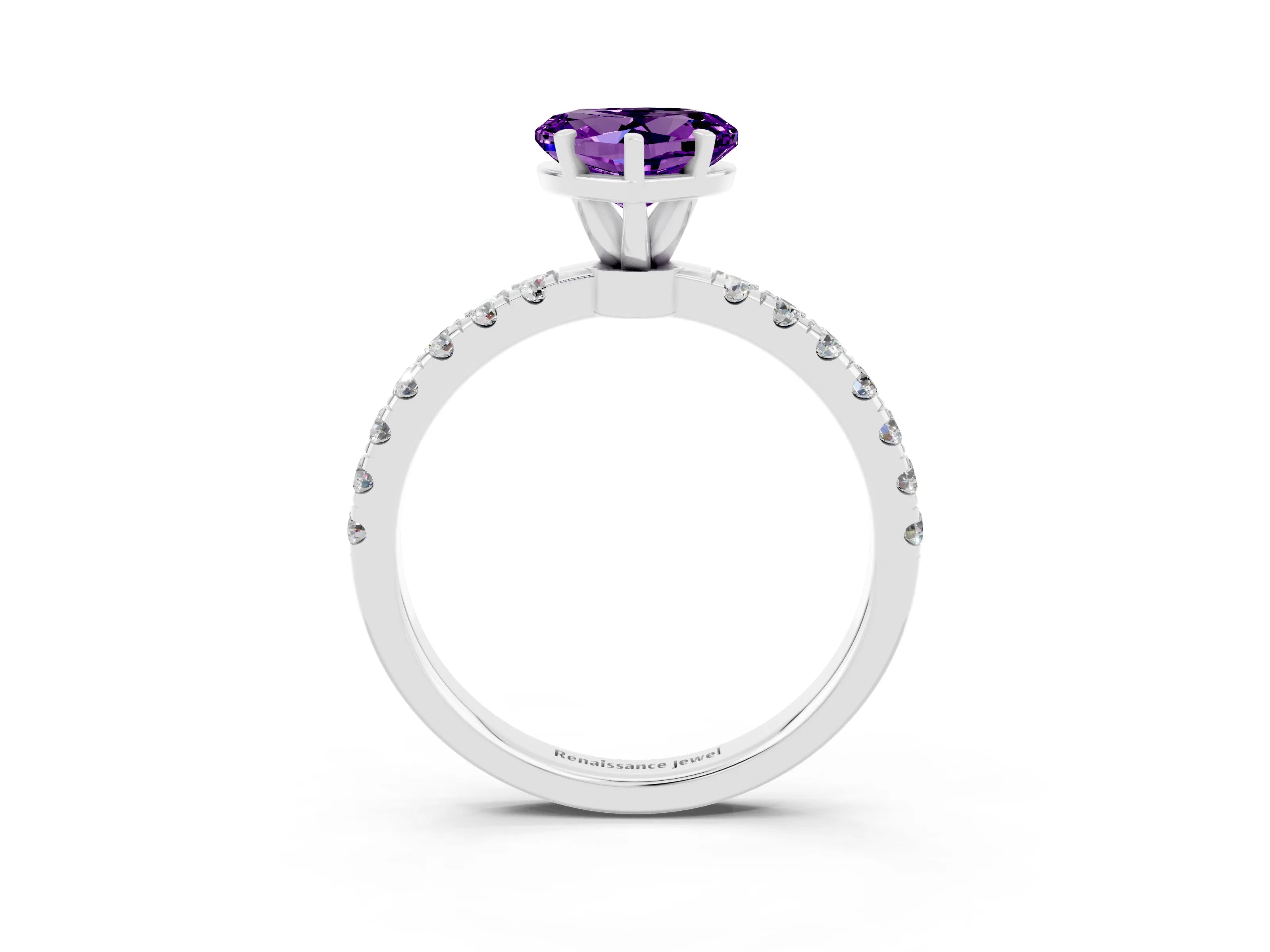 White gold Heart Cut Amethyst Solitaire Ring with Pavé Accents and Four-Prong Setting_3