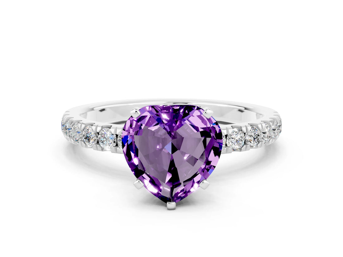 White gold Heart Cut Amethyst Solitaire Ring with Pavé Accents and Four-Prong Setting