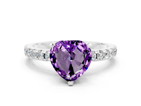 White gold Heart Cut Amethyst Solitaire Ring with Pavé Band and Four-Prong Setting_24
