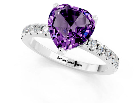 White gold Heart Cut Amethyst Solitaire Ring with Pavé Band and Four-Prong Setting_25