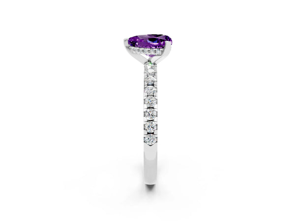 Silver Heart Cut Amethyst Solitaire Ring with Round  Pavé Band and Four-Prong Setting