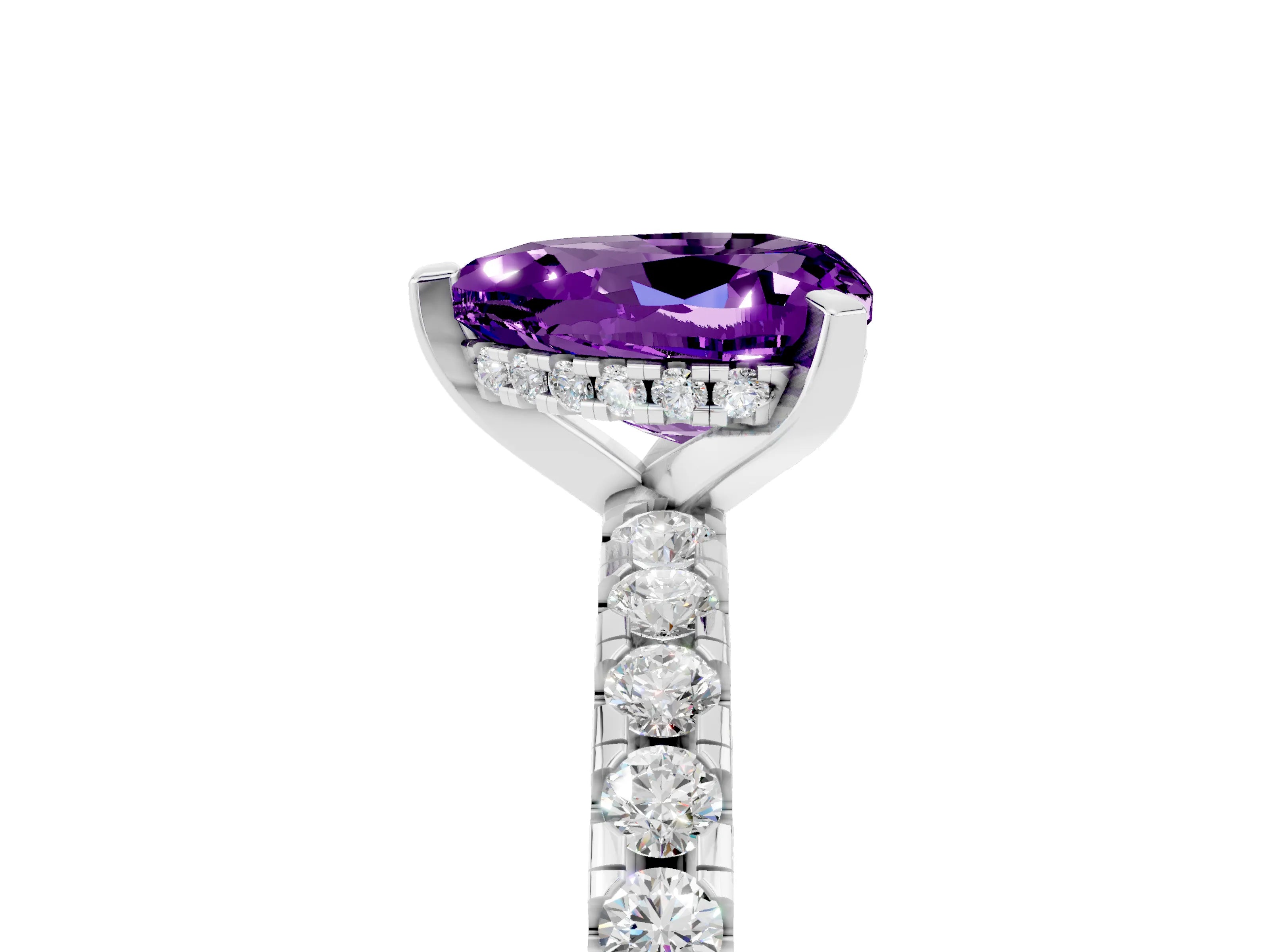 White gold Heart Cut Amethyst Solitaire Ring with Pavé Band and Four-Prong Setting_29