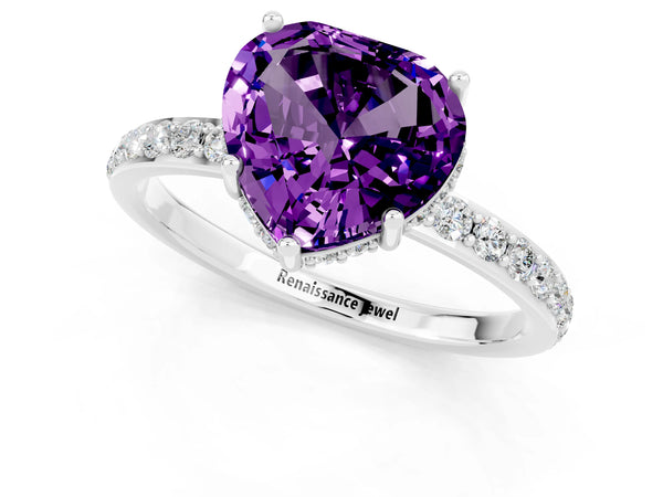 Platinum Heart Cut Amethyst Solitaire Ring with Pavé Band and Hidden Halo