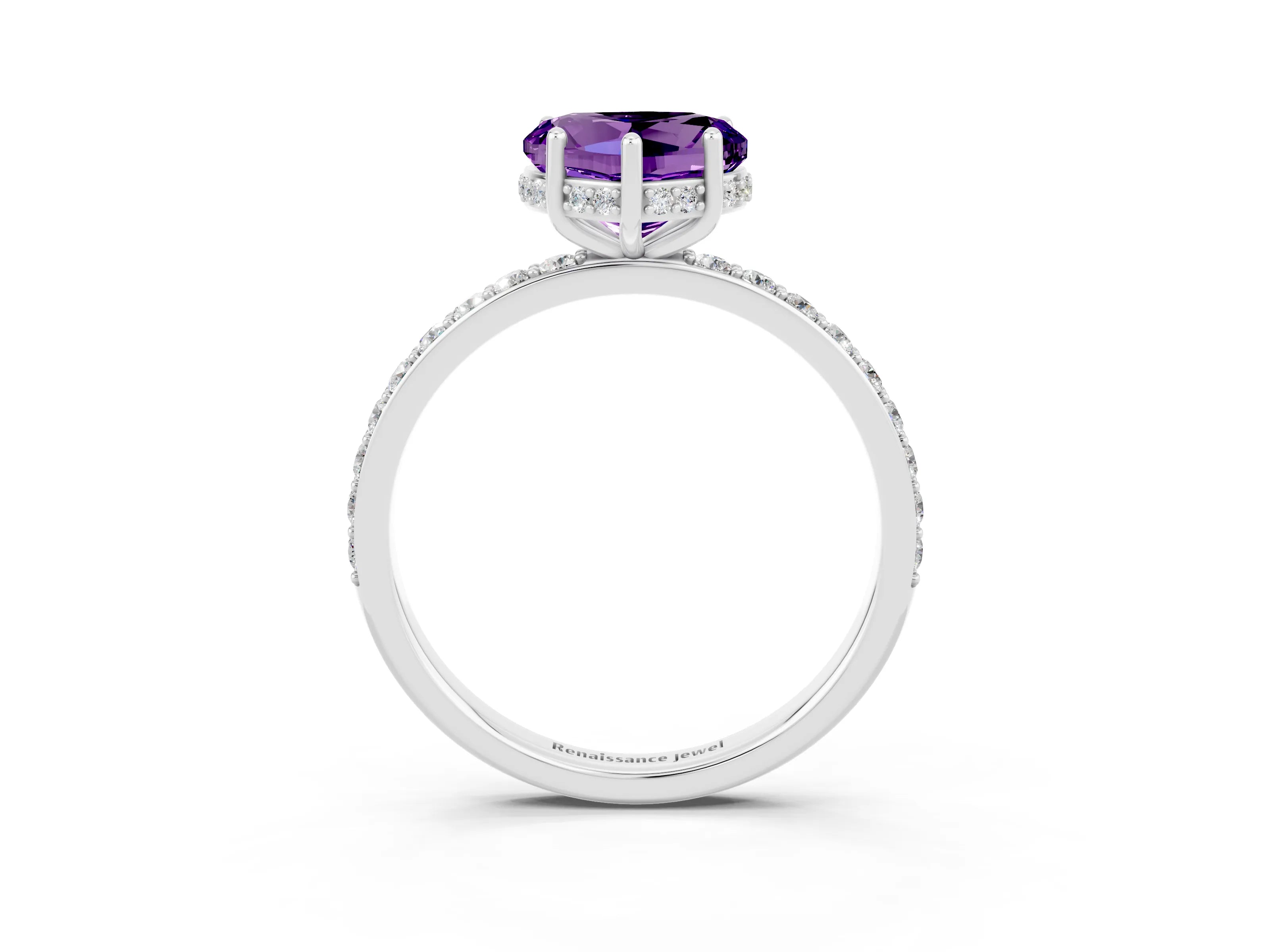 White gold Heart Cut Amethyst Solitaire Ring with Pavé Band and Hidden Halo_15