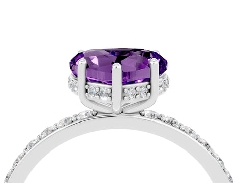 White gold Heart Cut Amethyst Solitaire Ring with Pavé Band and Hidden Halo_16