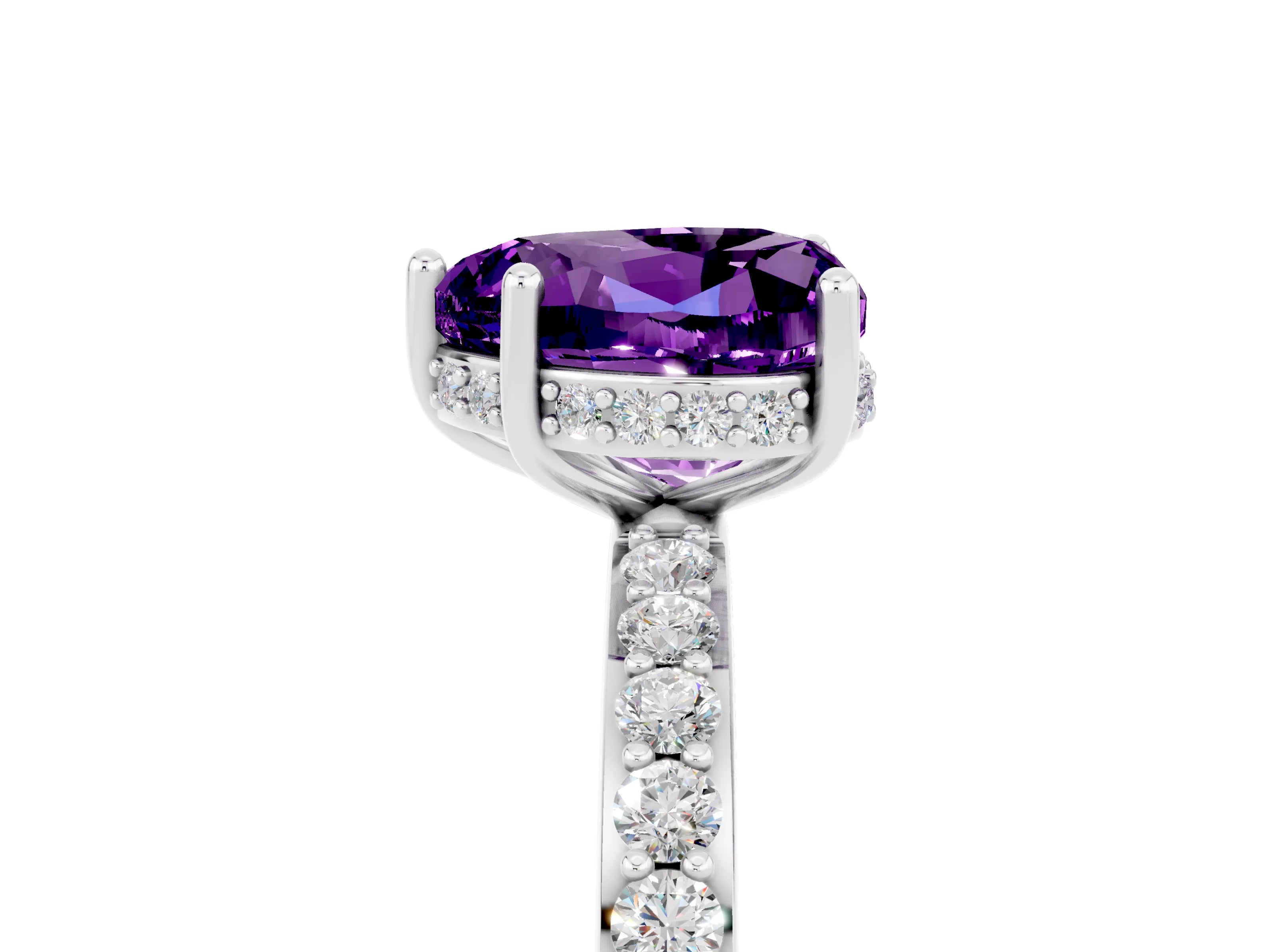 White gold Heart Cut Amethyst Solitaire Ring with Pavé Band and Hidden Halo_17