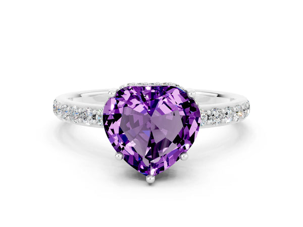White gold Heart Cut Amethyst Solitaire Ring with Pavé Band and Hidden Halo