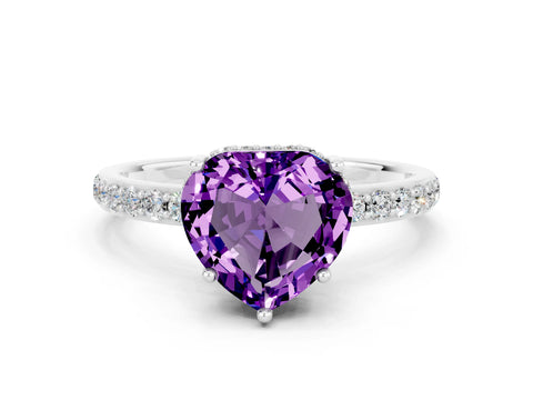 White gold Heart Cut Amethyst Solitaire Ring with Pavé Band and Hidden Halo_24