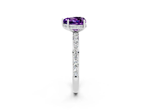 White gold Heart Cut Amethyst Solitaire Ring with Pavé Band and Hidden Halo