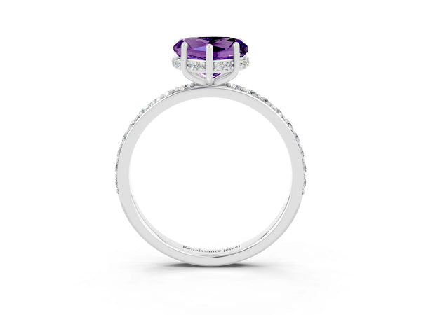 White gold Heart Cut Amethyst Solitaire Ring with Pavé Band and Hidden Halo