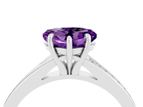 White gold Heart Cut Amethyst Solitaire Ring with Pavé Band and Prong Setting_4