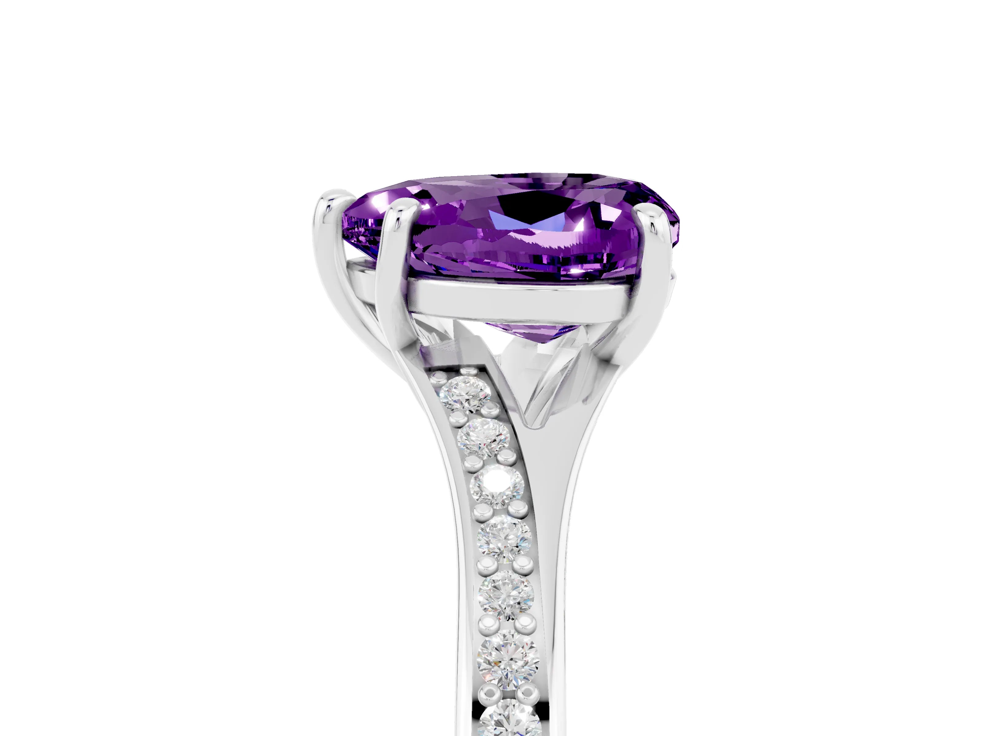 White gold Heart Cut Amethyst Solitaire Ring with Pavé Band and Prong Setting_5