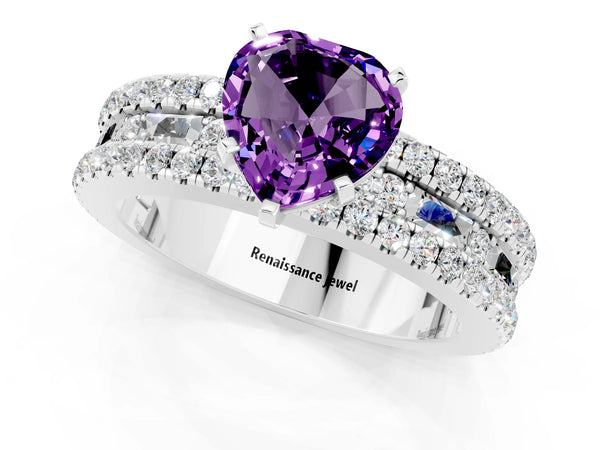 Silver Heart Cut Amethyst Solitaire Ring with Pavé and Channel Set Band