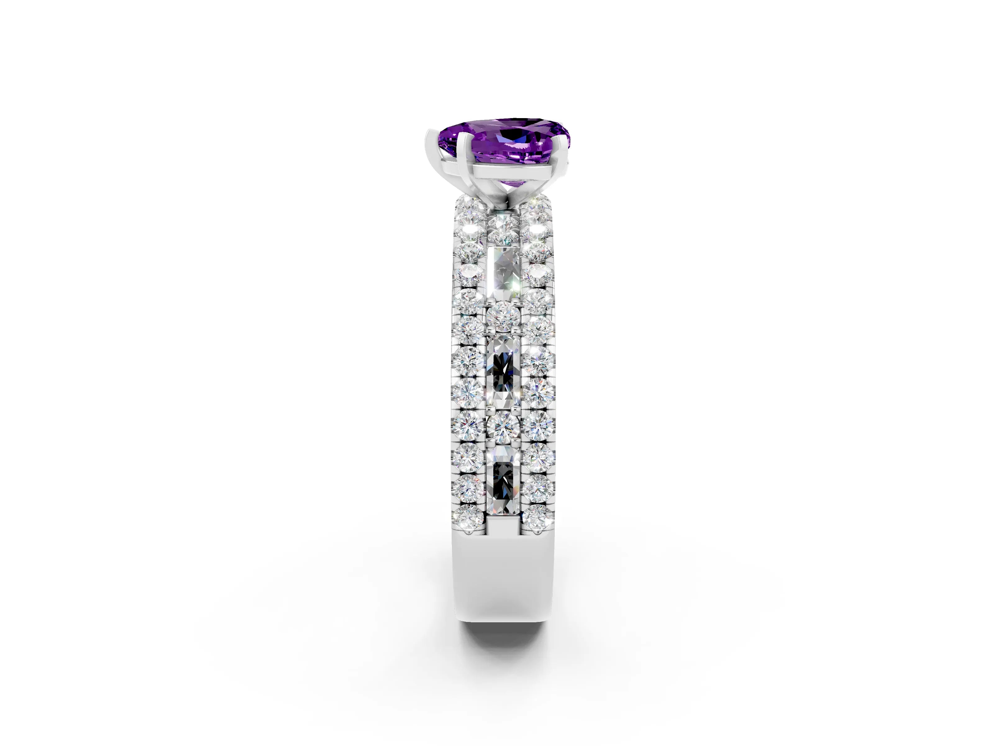 White gold Heart Cut Amethyst Solitaire Ring with Pavé and Channel Set Band_2