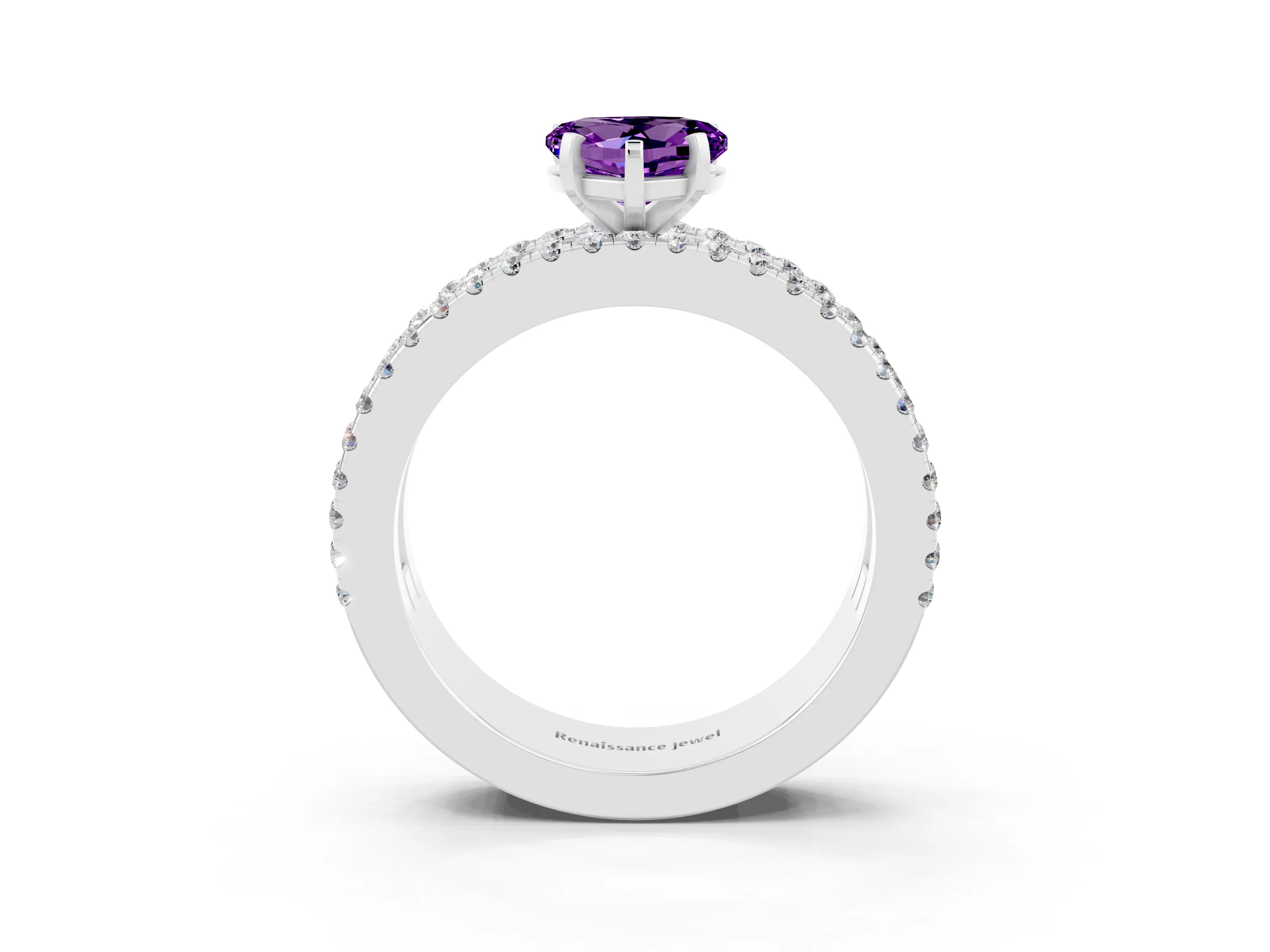 White gold Heart Cut Amethyst Solitaire Ring with Pavé and Channel Set Band_3