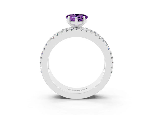 White gold Heart Cut Amethyst Solitaire Ring with Pavé and Channel Set Band