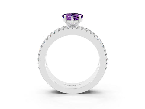 White gold Heart Cut Amethyst Solitaire Ring with Pavé and Channel Set Band_3