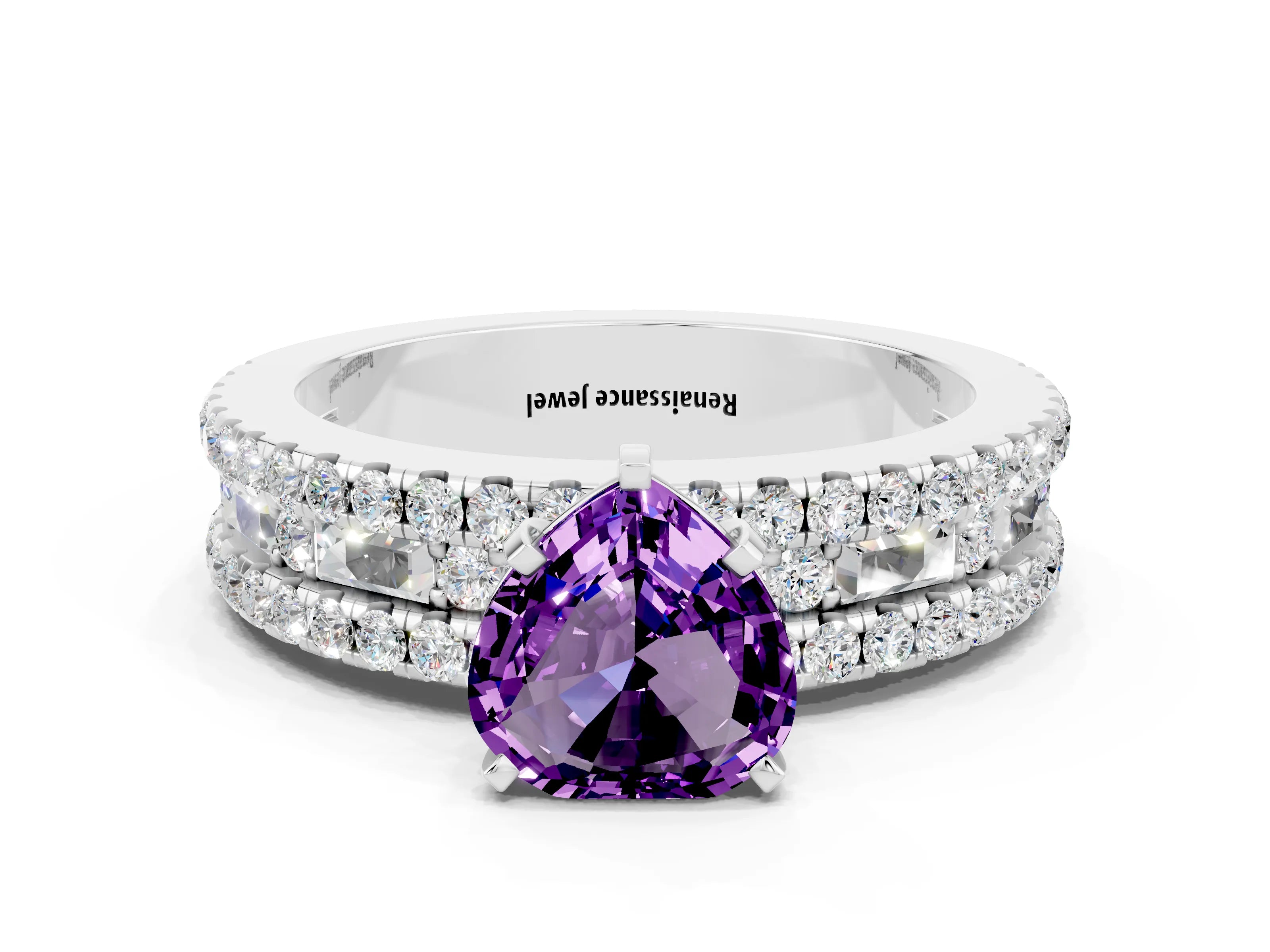 White gold Heart Cut Amethyst Solitaire Ring with Pavé and Channel Set Band