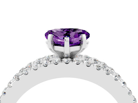 White gold Heart Cut Amethyst Solitaire Ring with Pavé and Channel Set Band_4