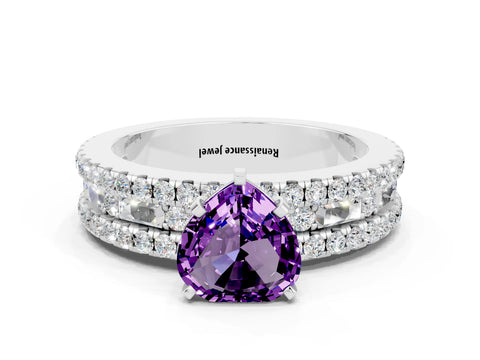 White gold Heart Cut Amethyst Solitaire Ring with Pavé and Channel Set Band